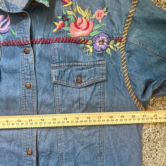90s Vintage Oversized Western Denim Embroidered Flowers Cowgirl Cottagecore SM - Picture 9 of 10